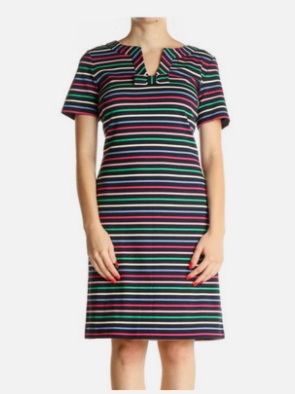 NWT Talbots Black Multi Color Striped Bow Accent Split Neck Shift Dress Large